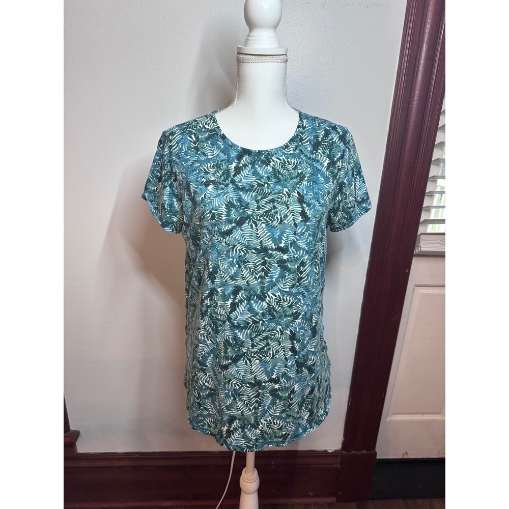 J. Jill Progress Shirttail Tee Womens Medium Teal Green Tropical Fern Leaf Print
